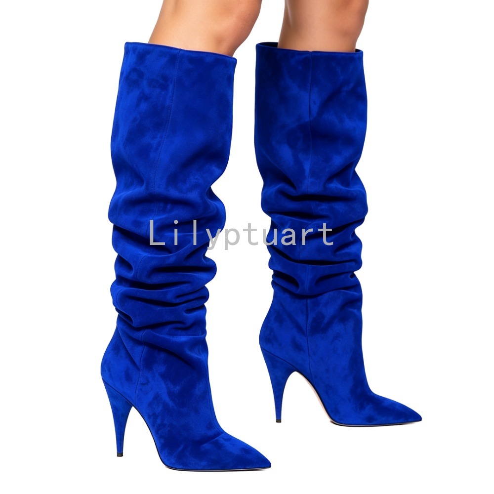 Women'S Shoes Navy Blue - Damen Blaue Wildleder Slouchy Overknee-Stiefel Spitze