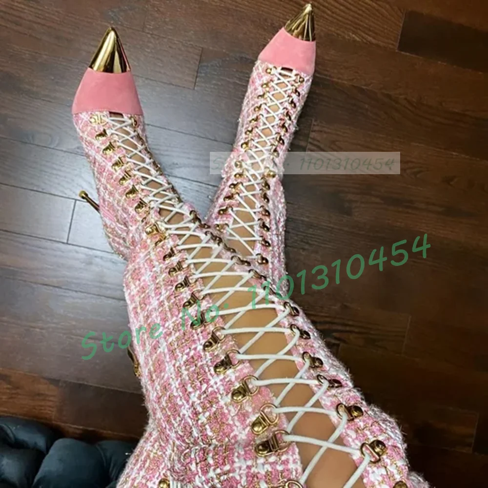 Sock Boot Women - Rosa karierte hohle hohe Stiefel mit