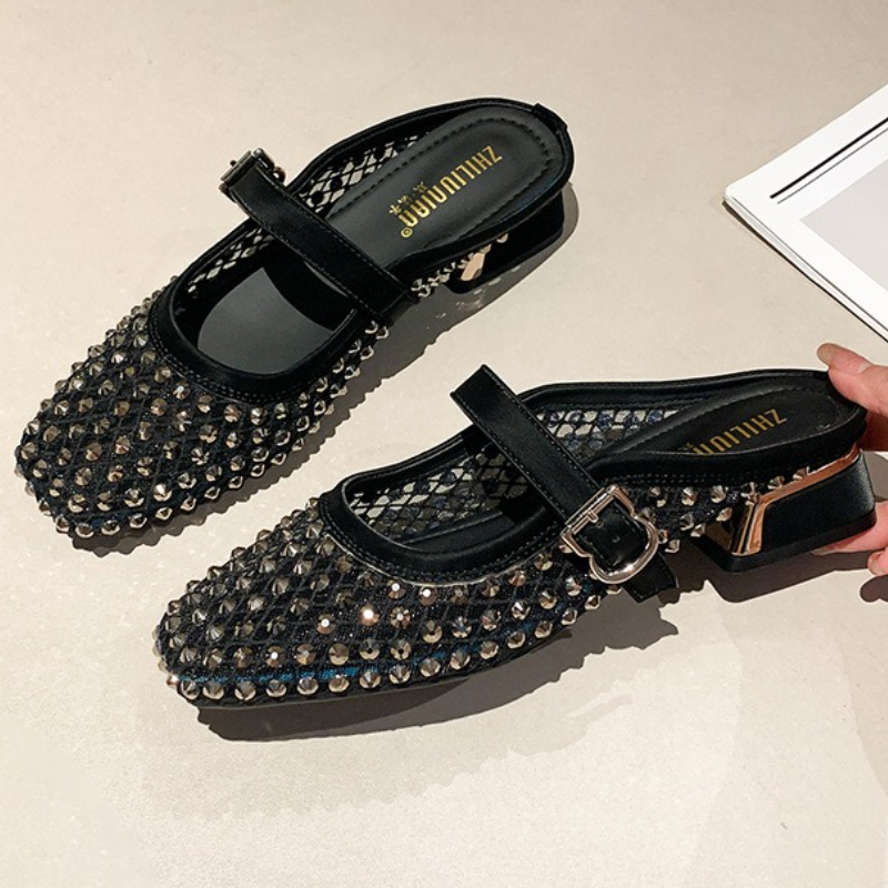 Mule Slip On - Mesh Strass Chunky Ferse Maultiere Hausschuhe