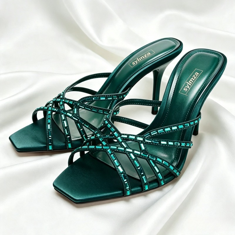 Women'S Shoes Navy Blue - Einzigartige Pfauenblaue Kristall-Detail-Sandalen mit Absatz für