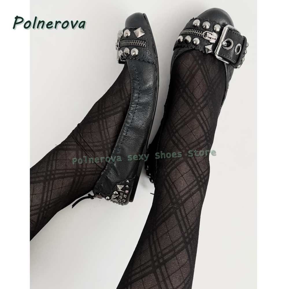 Pointed Toe Flat - Nieten-Gürtelschnallen Mary Jane Schuhe Spitze Flache