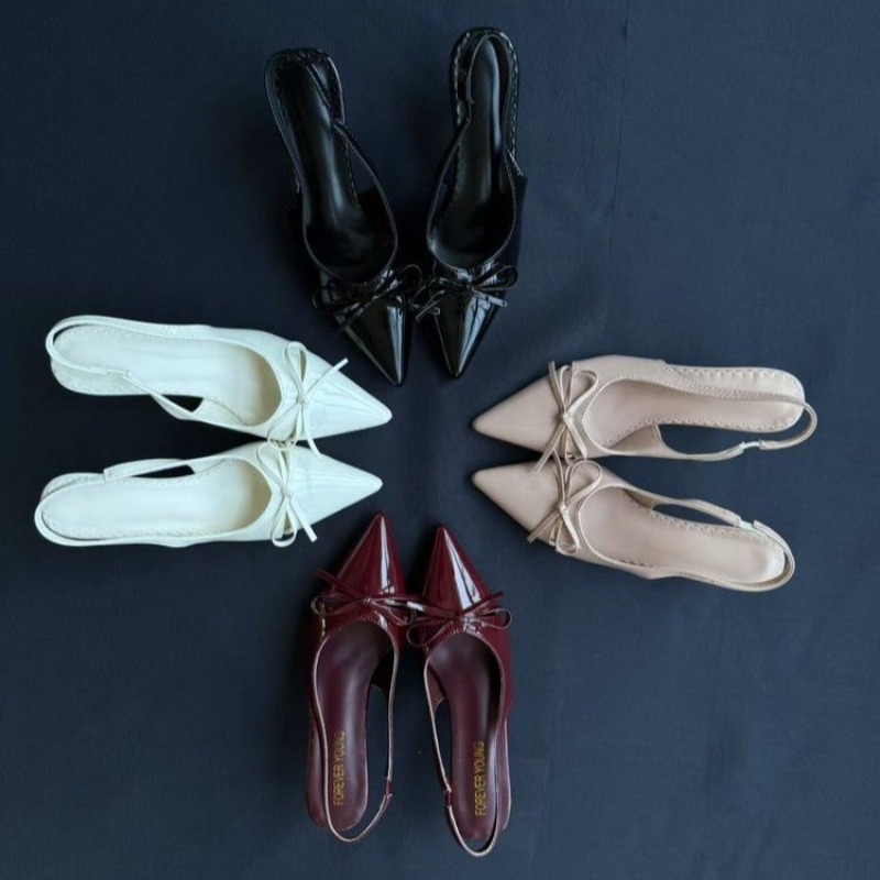 Pointed Toe Flat - Damen-Sandalen mit spitzer Zehenpartie, Slingback-Absätze, Schleifendetail,