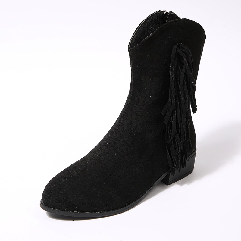 Women'S Shoes In Wide Width - Damen-Retro-Fransen-Wildleder, runde Zehenpartie, klobiger Absatz, kurze